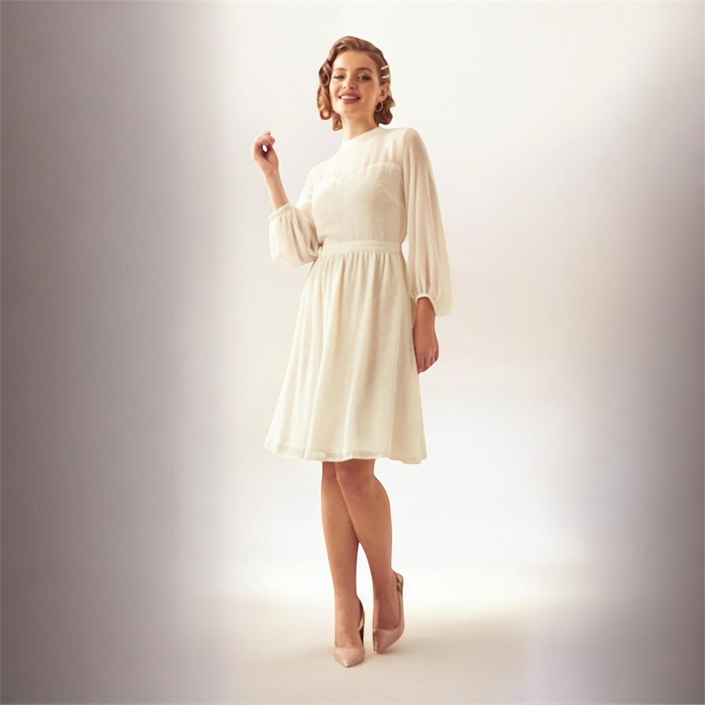 ModCloth White Vintage Style Wedding Dress M Sheer Sleeve High Neck Retro Bridal